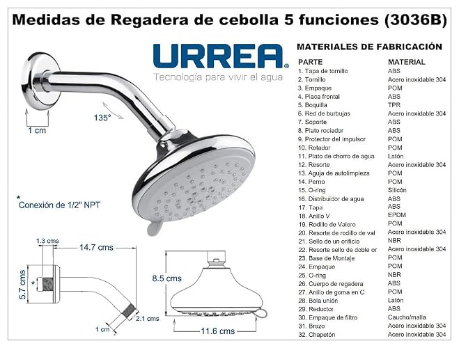 URREA 3036B Regadera de cebolla con 5 Funciones con Brazo y Chapetón, Acabado Cromo