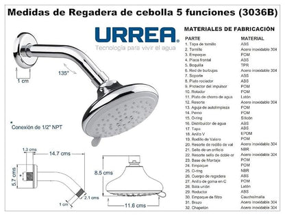 URREA 3036B Regadera de cebolla con 5 Funciones con Brazo y Chapetón, Acabado Cromo