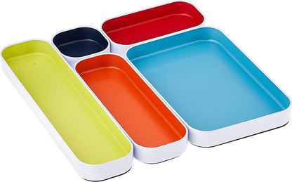 Tres por tres Seattle - Juego de 5 bandejas organizadoras de metal poco profundas para almacenar maquillaje, papelería, utensilios y más en computadora de oficina, cocina y baño (1 pulgada, varios
