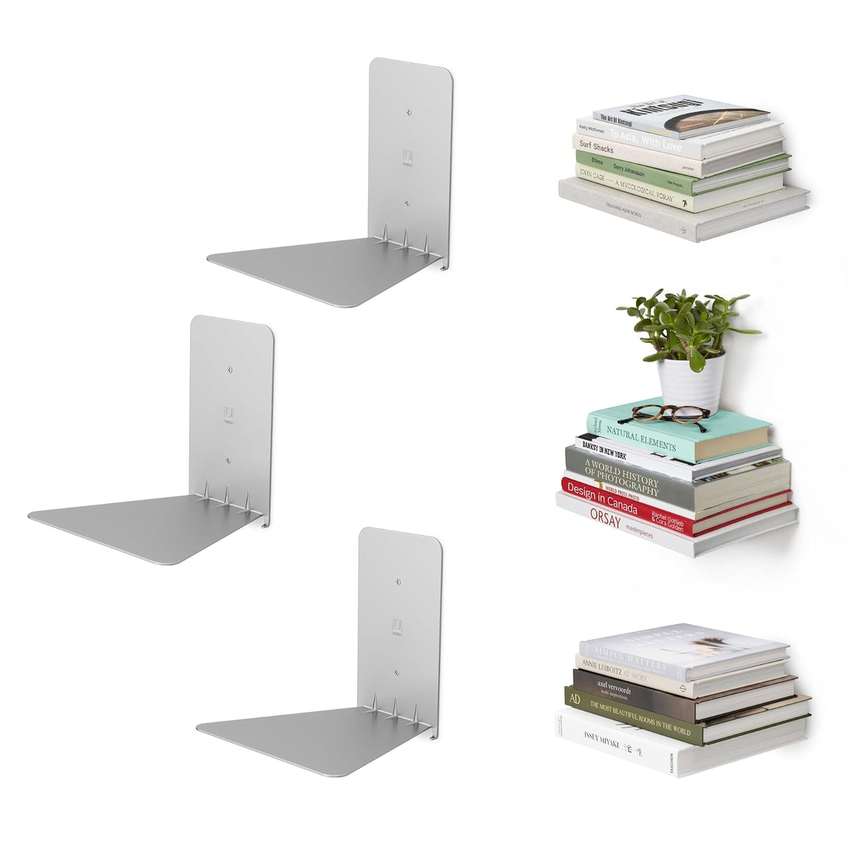 Umbra 330639-560 Floating Bookshelf, Small, Silver, Set of 3 | Acero con recubrimiento en polvo, soporta 15 libras cada uno, muestra decoración o plantas, incluye accesorios de montaje - Chico - Plata