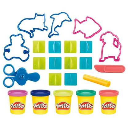 Play-Doh Set creat y aprende, Incluye Mantel, Adhesivos, 5 cortadores de Animales, 10 Sellos, 3 Herramientas y 5 latas de Masa moldeable, para niños y niñas en Preescolar, +3 años