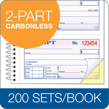 TOPS Libro de recibos de dinero/alquiler, 2 partes, sin carbono, 11 x 5.25 pulgadas, 4 recibos/página, 200 juegos por libro (4161), blanco