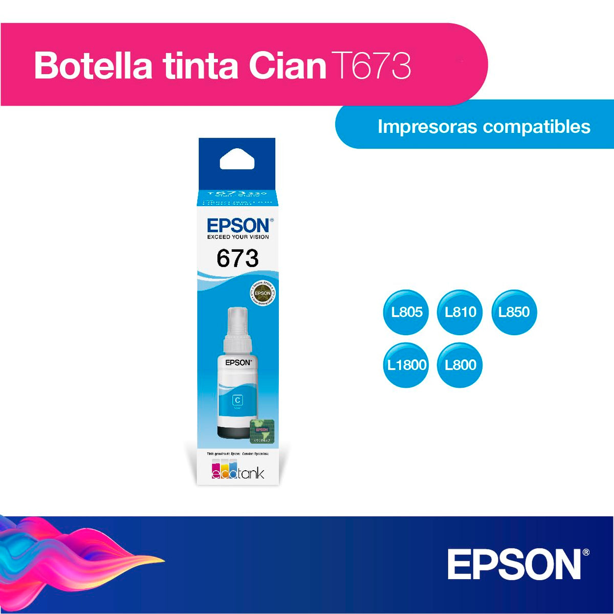 Epson C13T673220 Cartucho de Tinta color Cyan para L800, L1800, T673220, Talla unica, Cian