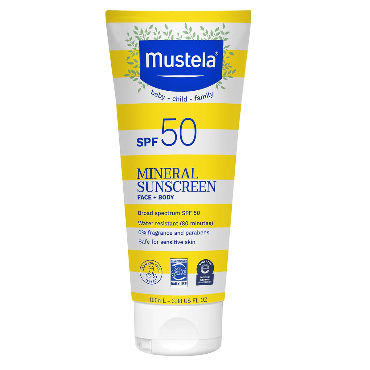 Mustela Baby Mineral Sunscreen Lotion SPF 50 Amplio espectro - Loción solar para rostro y cuerpo para pieles sensibles - No nano, resistente al agua y sin fragancia - 3.38 fl. onz