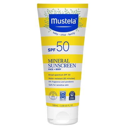 Mustela Baby Mineral Sunscreen Lotion SPF 50 Amplio espectro - Loción solar para rostro y cuerpo para pieles sensibles - No nano, resistente al agua y sin fragancia - 3.38 fl. onz