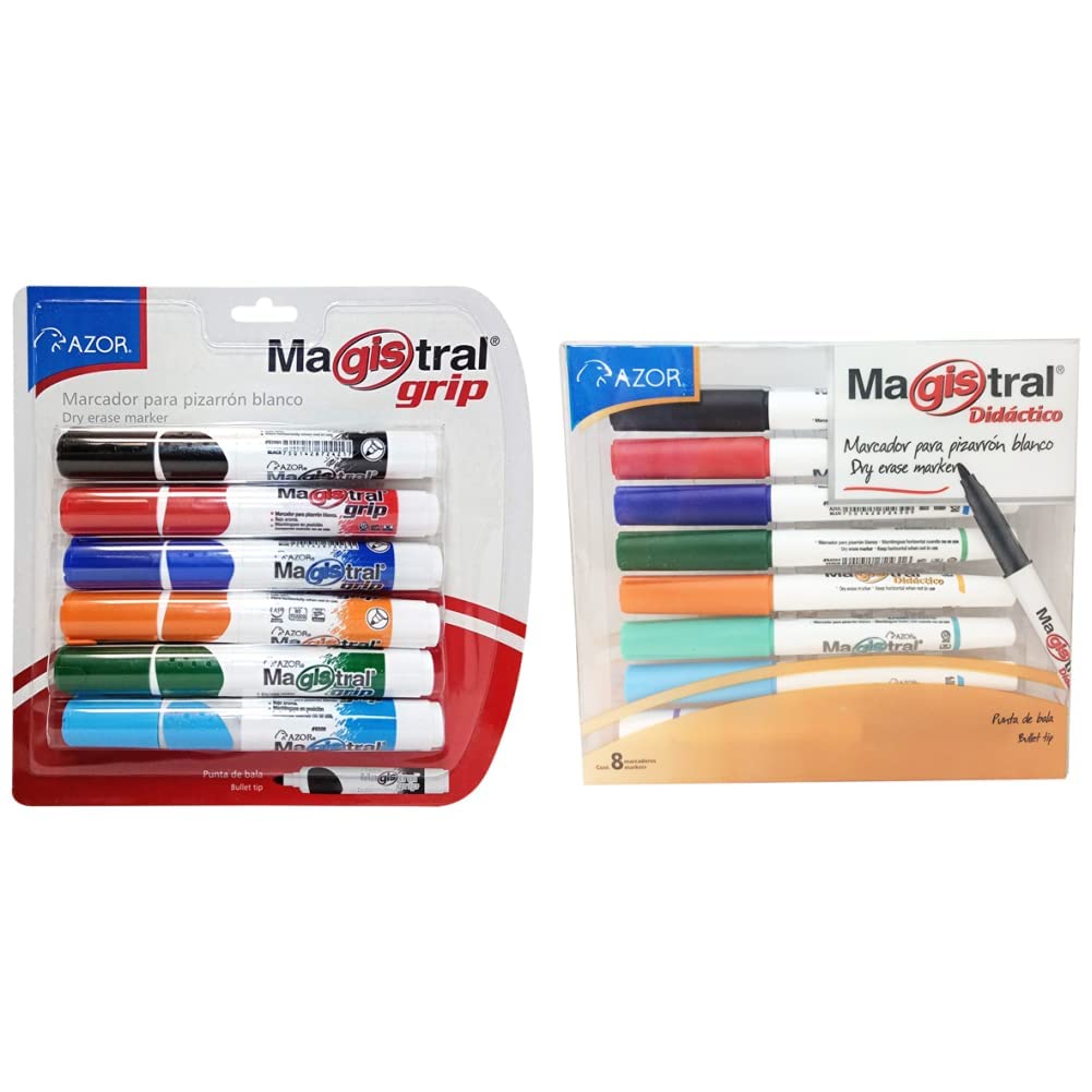 AZOR Magistral Grip Marcadores para Pizarrón Blanco + BIC, Surtido de Colores, 10 Piezas - Punta de Bala + Marcadores