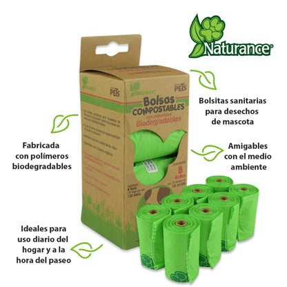 Fancy Pets Bolsas Compostables Biodegradables Sanitarias para Recoger Desechos y/o Heces Fecales de Perro con 8 Rollos / 120 bolsas