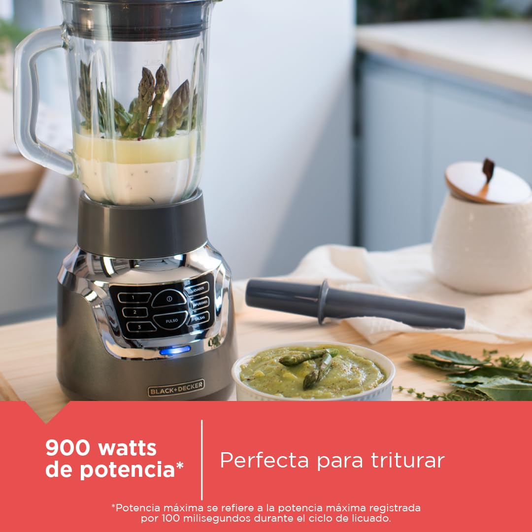 Black+Decker Licuadora con Filtro Infusor de Jugos 3 en 1, 3 Funciones Automáticas, Jarra de Vidrio 1.5L, 900 Watts, Incluye Vaso Personal de Tritán, BL1350G