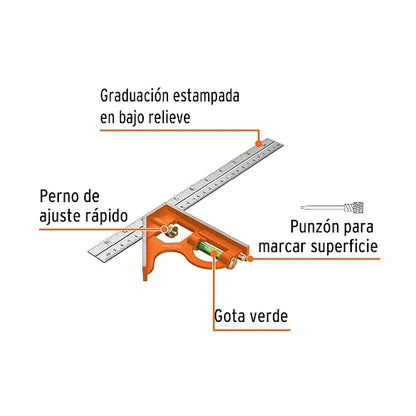 Truper ECT-12, Escuadra de combinación, acero inoxidable, 12"
