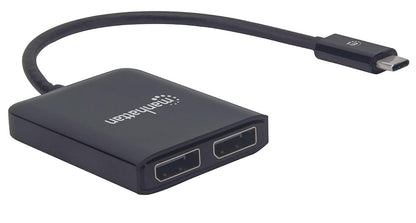 MANHATTAN Cable Adaptador USB-C a Dual DisplayPort 1.2, 4K@30Hz, 19.5cm, Macho a Hembra, USB-C a 2X DisplayPorts, MST Hub, Espejo, Negro, garantía de Tres años, ampolla