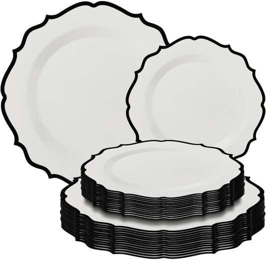 Contemporary Collection Combo - Platos blancos con borde negro - 7.5-10.5 pulgadas (paquete de 32) - Diseño moderno elegante - Perfecto para entretenimiento y uso diario