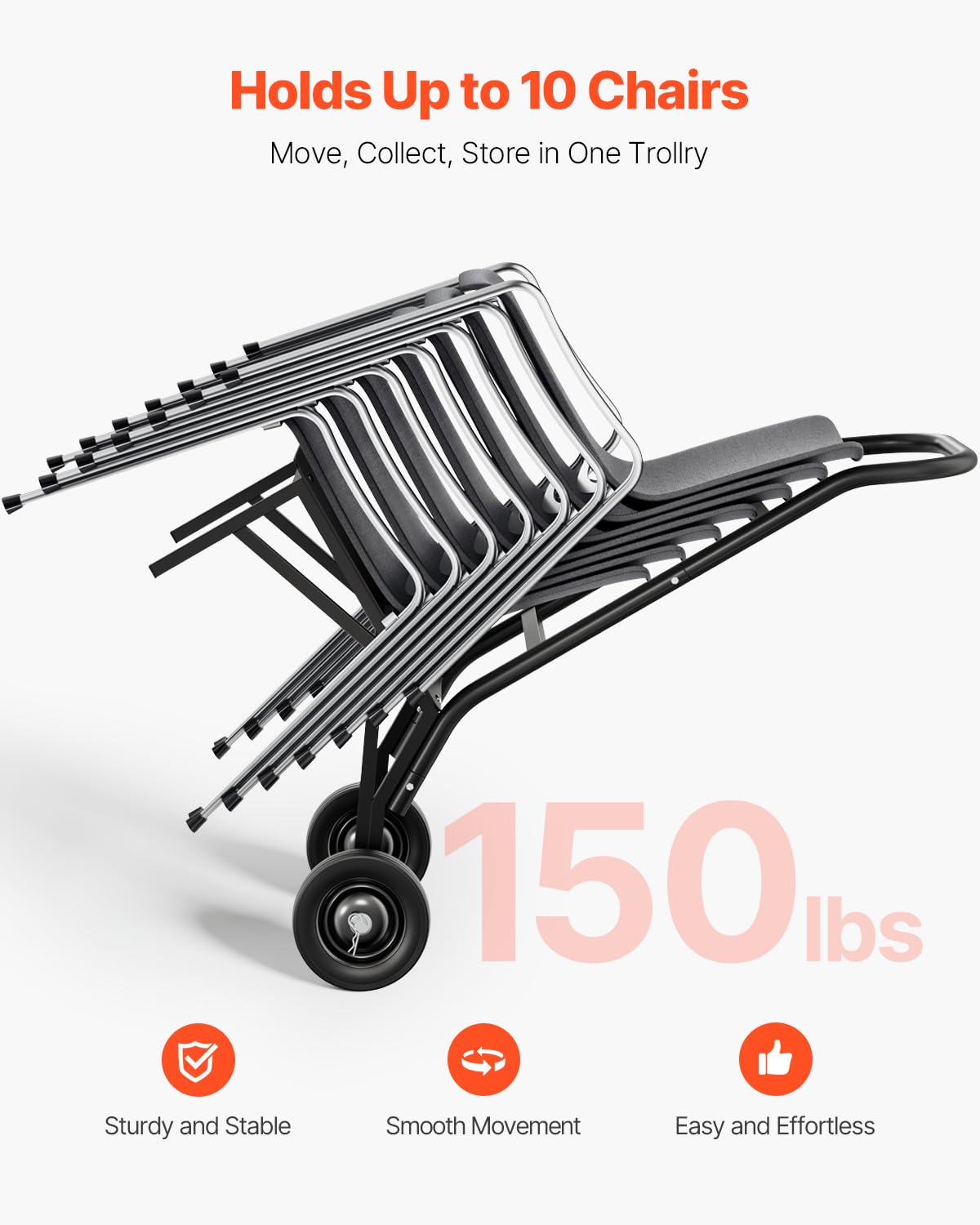 VEVOR Estante para Sillas Plegable, Capacidad de 68 kg, Carrito Resistente para Apilar 10 Sillas, Carrito de Almacenamiento de Metal con Ruedas de Goma, Soporte para Sillas de Empuje, Negro Mate