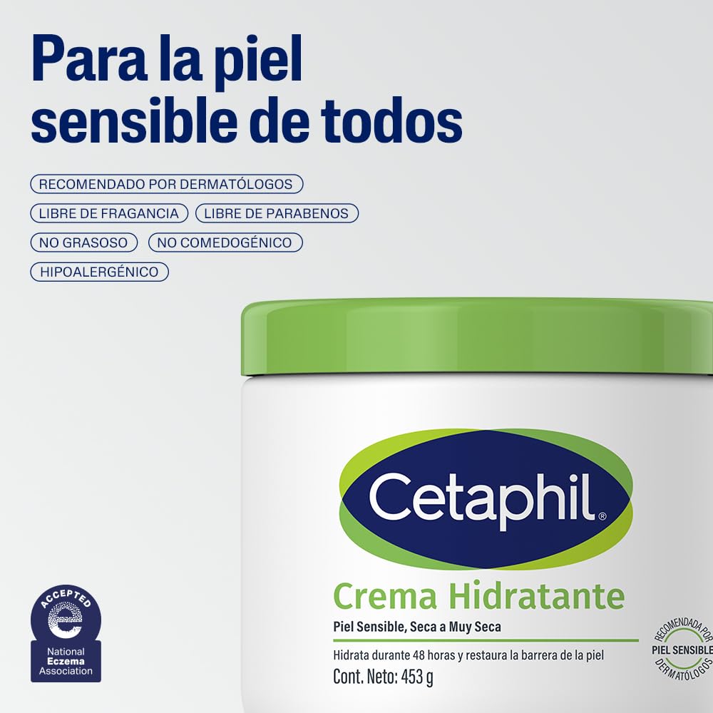 CETAPHIL Crema Hidratante 1 pz 453 g Restablece la Barrera Natural de la Piel en 1 Semana Recomendada por Dermatólogos para Piel Sensible