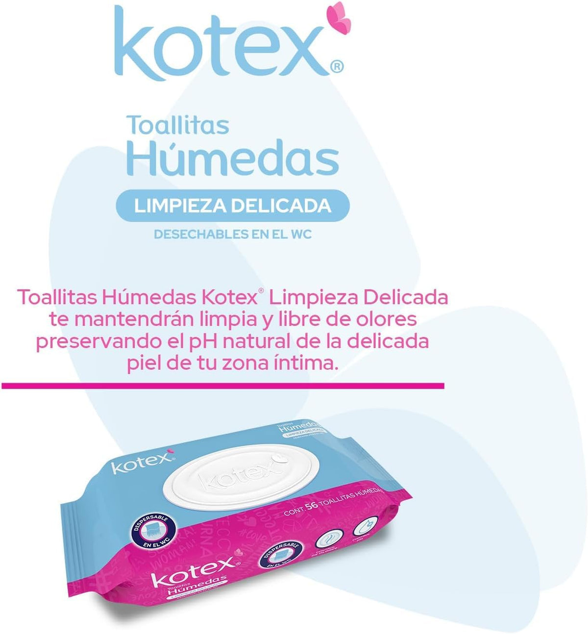 Kotex Toallitas Húmedas para Higiéne Íntima, 1 paquete con 56 piezas + Therma Pad Fem 3 Parches Termico, 3 parches