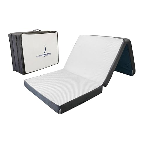 Memory Foam | Colchón/Colchoneta Plegable Individual para Visitas o Acampar con Maleta – Colchón para Invitados Plegable – Blanco con Gris – para Una Persona - Medidas 192 x 80 x 9 cm