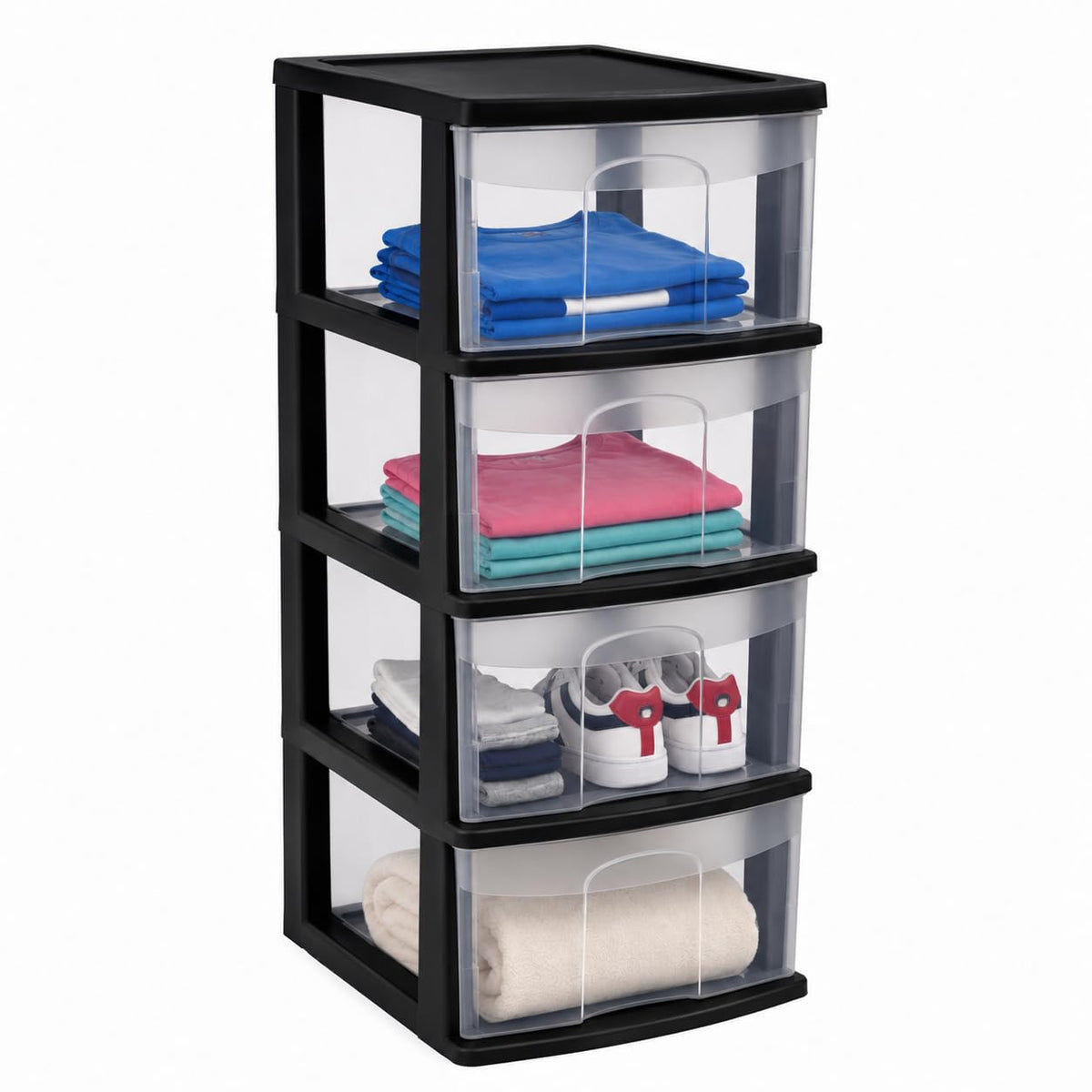 Italhome Cajonera FOX 4 de Plástico 4 Cajones Transparentes, Organizador Multiusos para Hogar y Oficina, Mueble Ligero Resistente, Fácil Limpieza, Color Negro