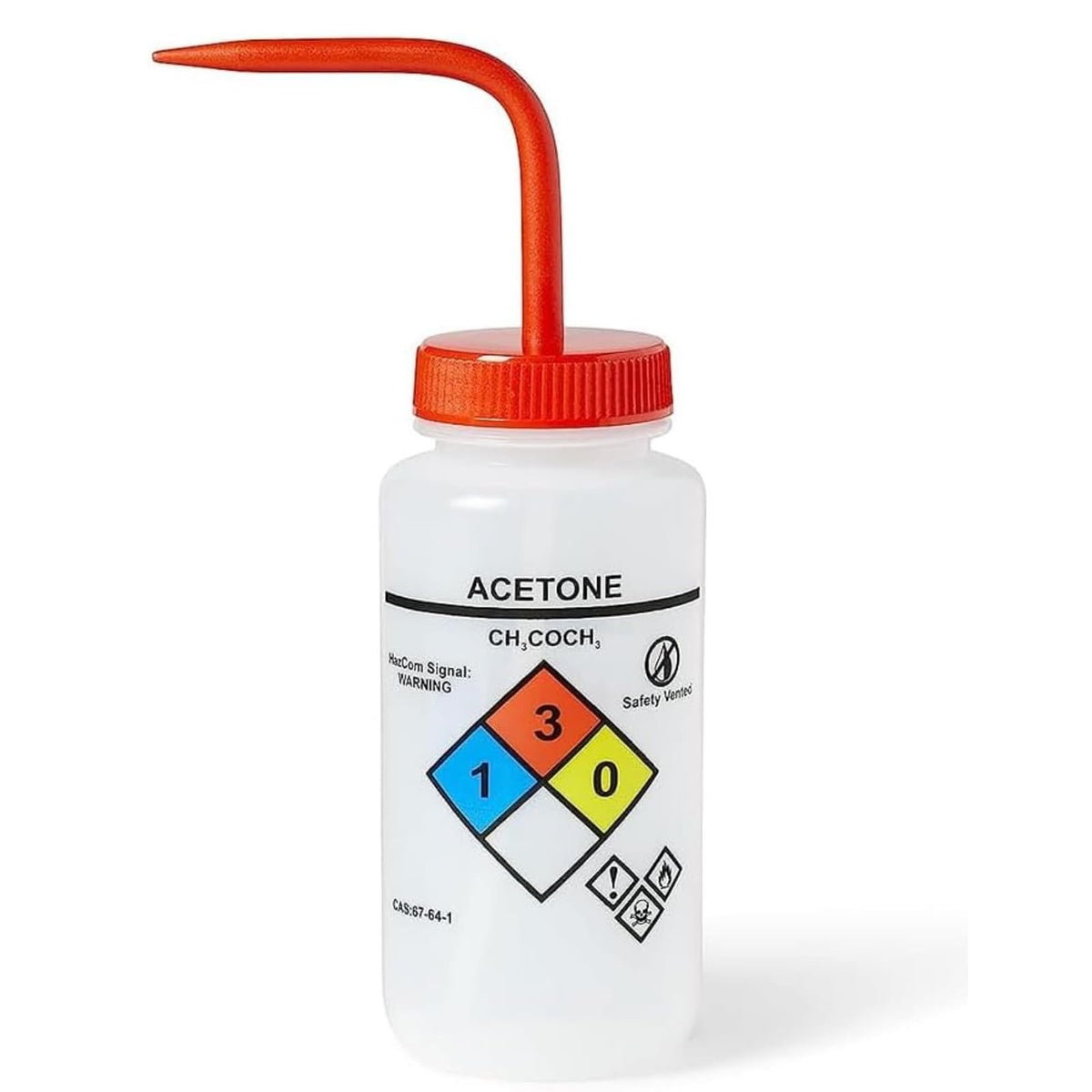 United Scientific™ UniSafe™ - Botella de lavado para acetona, 500 ml, etiquetada con información química y seguridad codificada por colores (4 colores) - Boca ancha, autoventilación, polietileno de