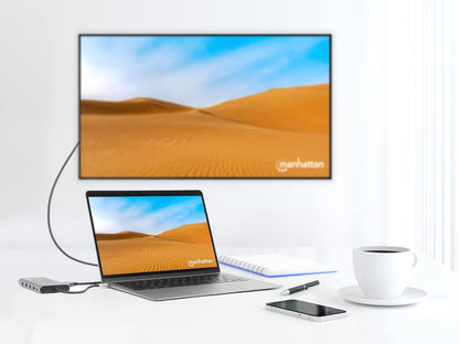 Manhattan Docking Station USB C para Triple Monitor HDMI 4K, Hub 12 en 1 con Ethernet, Carga PD 100W, USB-C de Datos y Lector SD para Laptop, MacBook, DELL, HP y Windows, Gris Espacial, 130660