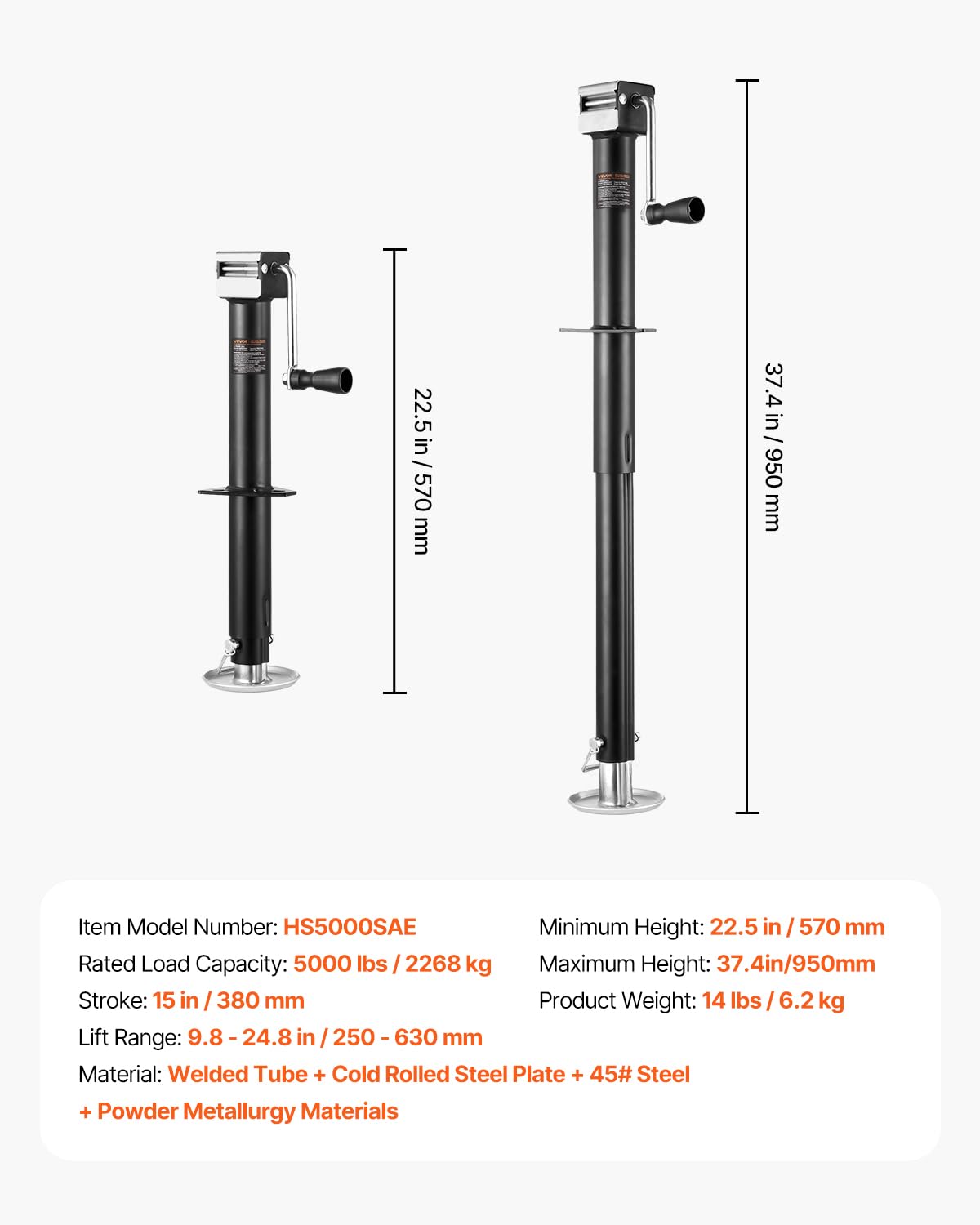 VEVOR Gato hidráulico para Remolque con Estructura en A, Capacidad de 5000 LB, Soporte con asa y Base Rectangular, Recorrido Vertical 15 Pulgadas, para autocaravanas, remolques para Caballos