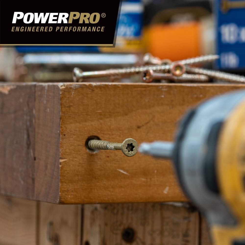 Power Pro 48595 Tornillos para madera, #8 x 1-1/2 pulgadas, tornillos para cubierta exterior premium, resistentes a la corrosión, bronce recubierto de epoxi, caja de 1 libra, 203 piezas