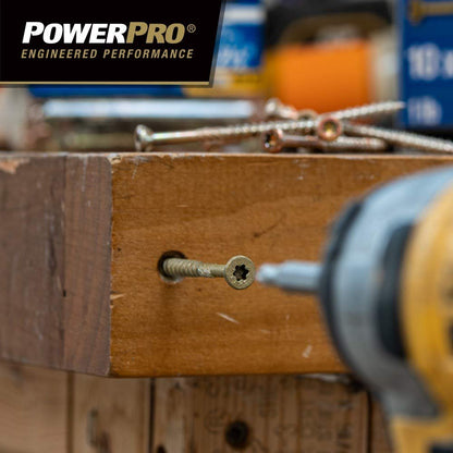 Power Pro 48595 Tornillos para madera, #8 x 1-1/2 pulgadas, tornillos para cubierta exterior premium, resistentes a la corrosión, bronce recubierto de epoxi, caja de 1 libra, 203 piezas
