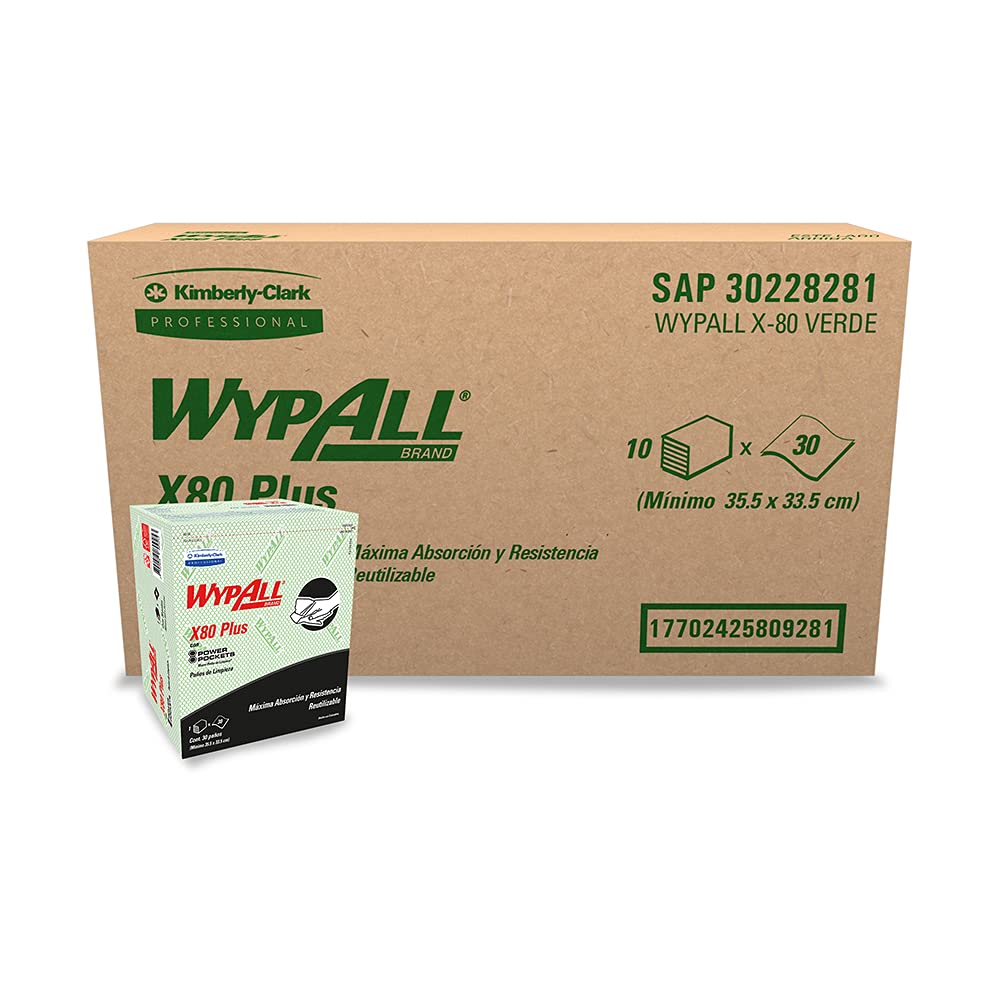 WypAll X80 Plus Color Verde, 30 Wipers por Paquete, 10 Paquetes por Corrugado, Wiper con Grabado, Kimberly Clark Professional.