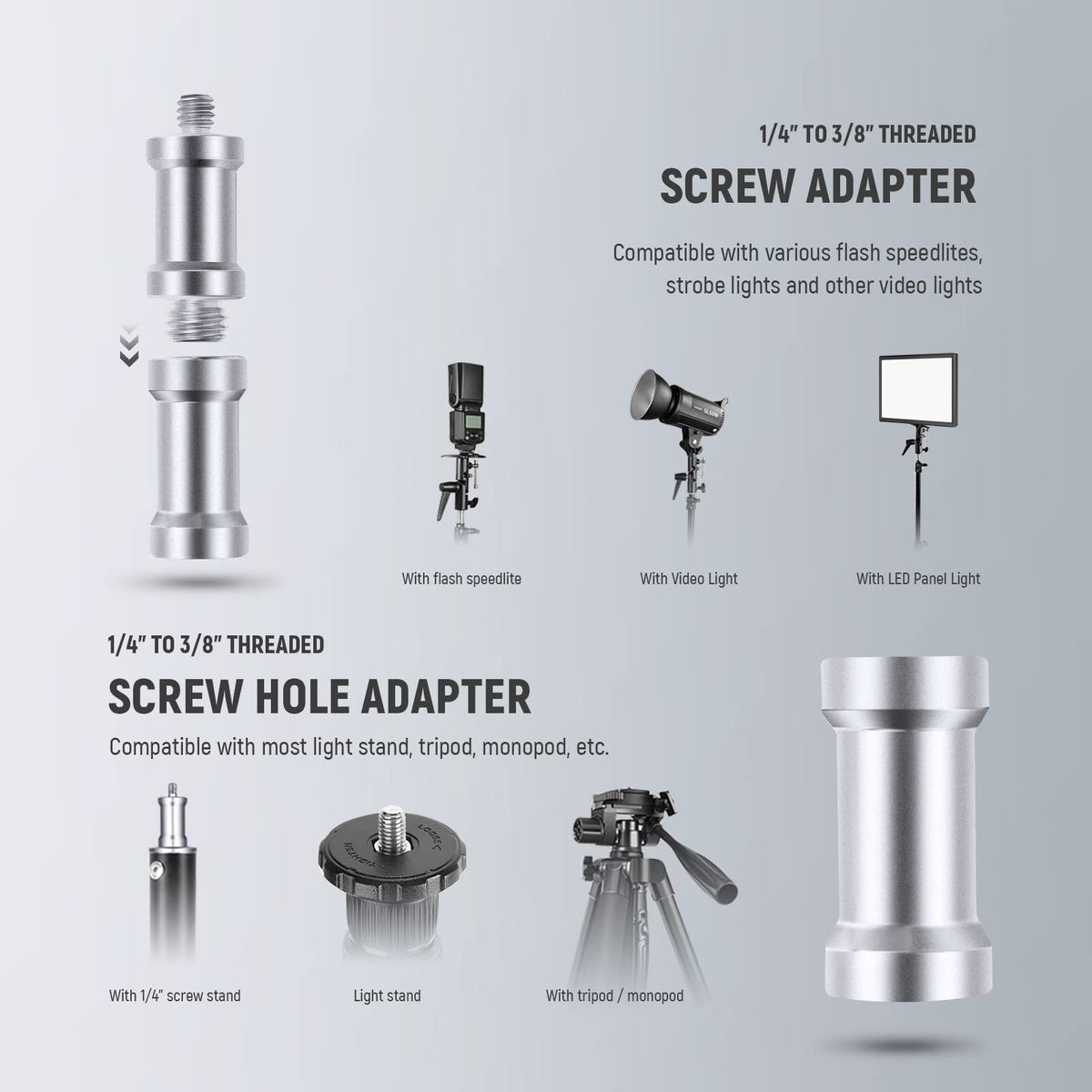 NEEWER Soporte de Flash de Cámara Montaje Tipo H con Soporte de Caja de Luz de Paraguas, Adaptador de Soporte de Luz de Metal Ajustable Giratorio de 180° con Adaptador 1/4" a 3/8"