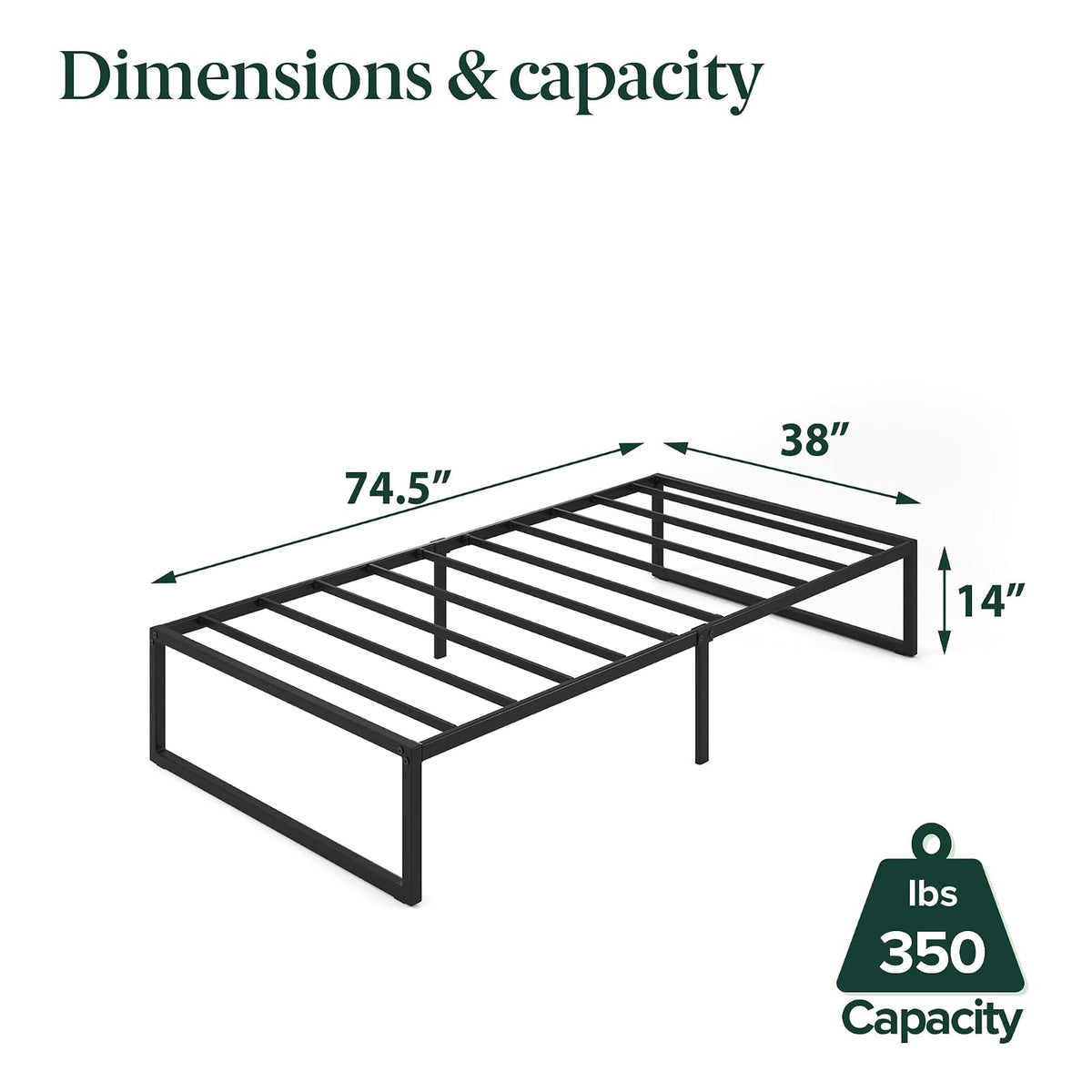 ZINUS Lorelei - Marco de Cama de Plataforma de Metal de 14 Pulgadas, Soporte de Listones de Acero, no Necesita somier, Embalaje ecológico WonderBox (TM), Almacenamiento Debajo de la Cama de 12.5