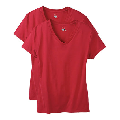 Hanes Playera Cuello en V para Mujer, 100% Algodón - Rojo profundo, paquete de 2 - XL