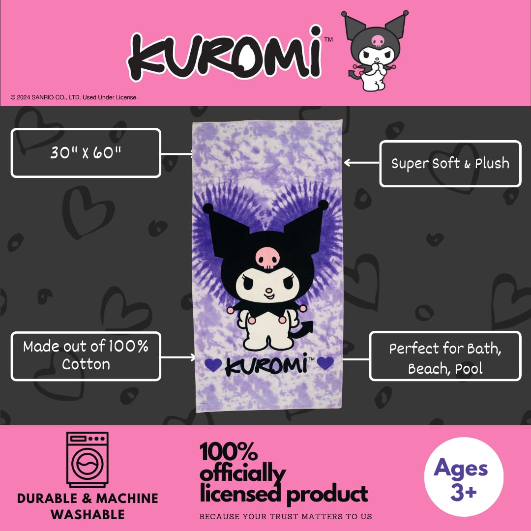 Franco Collectibles Sanrio Kuromi - Toalla de baño de algodón súper Suave, 60 x 30 Pulgadas, (Producto con Licencia Oficial)