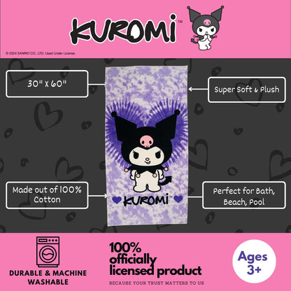 Franco Collectibles Sanrio Kuromi - Toalla de baño de algodón súper Suave, 60 x 30 Pulgadas, (Producto con Licencia Oficial)