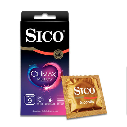 Sico Clímax Mutuo Condones de hule látex natural con benzocaína cartera con 9 piezas