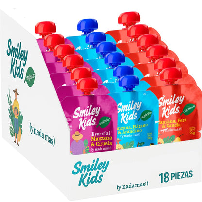 Smiley Kids Mix Manzana Papilla Orgánica 18x90g | Tipo: papilla infantil, dieta orgánica, color natural, sin aditivos artificiales, pack 18 unidades de 90g