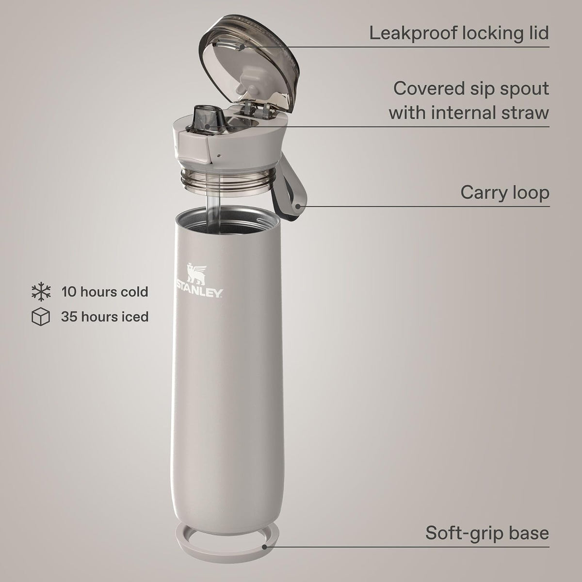 STANLEY Flowstate - Botella de resorte, 567 g, ceniza | Botella de agua a prueba de fugas con correa de transporte y tapa de bloqueo abatible | Acero inoxidable aislado | Se adapta