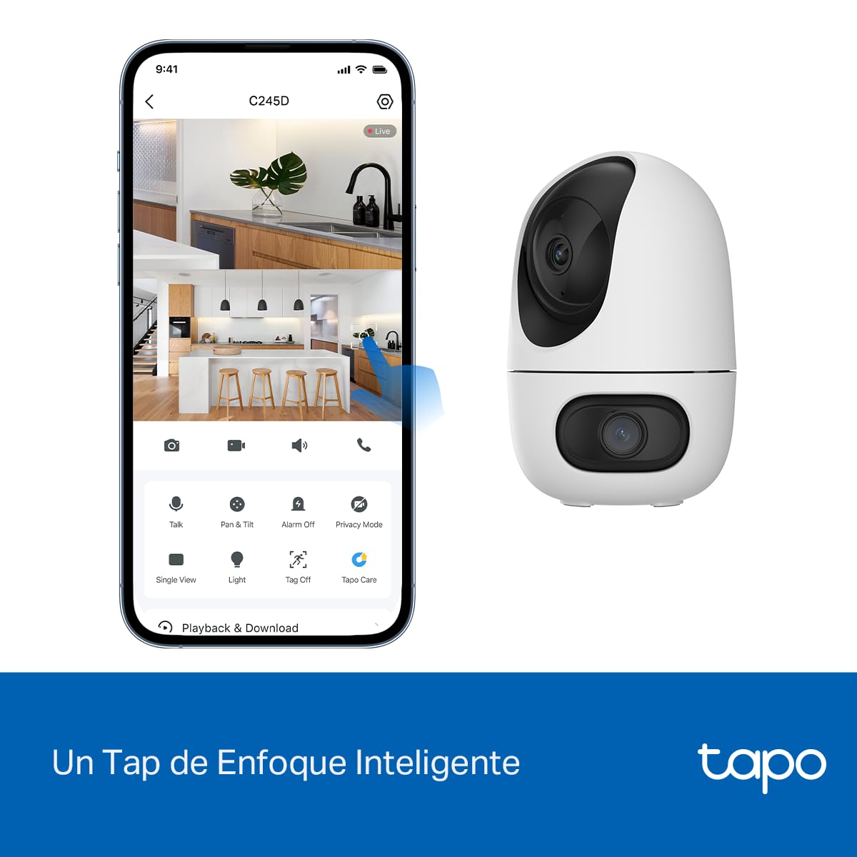 Tapo TP-Link C245D Cámara de Seguridad WiFi Interior - Doble Lente 2K - Cobertura 360° - Visión Nocturna Infrarroja - Detección de Movimiento - Audio Bidireccional - 512GB - App