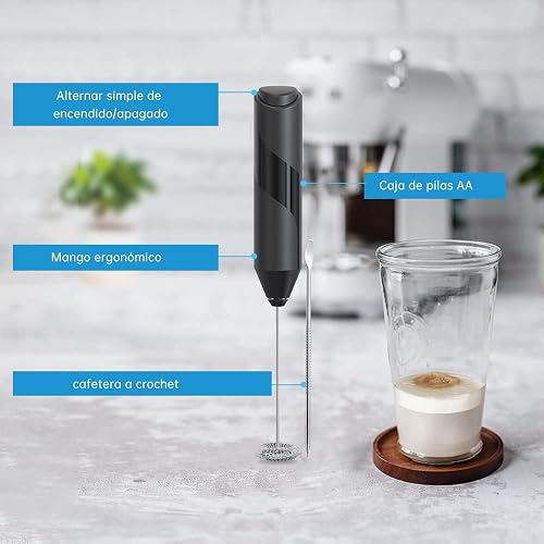 Espumador de Leche, Batidora de Mano, Espumador de Leche Electrico, Batidora de Cafe, Acero Inoxidable Portátil Batidor de Eléctrica para Lattes, Capuchino, Frappe Matcha, Chocolate