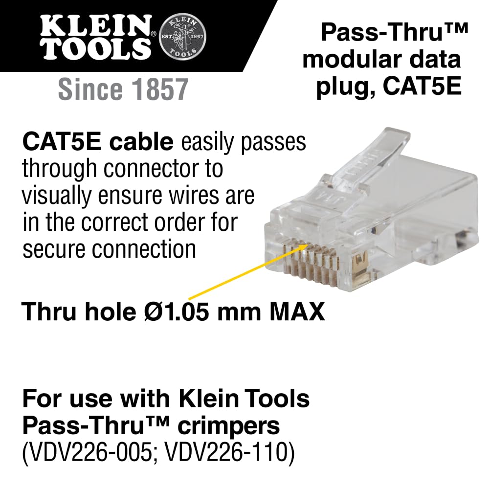 Klein Tools VDV826-728 Pass-Thru Modular Data Plug, RJ45 CAT5E, chapado en oro, conectores pasantes, paquete de 10