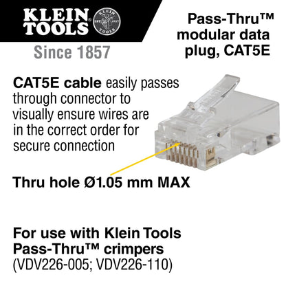 Klein Tools VDV826-728 Pass-Thru Modular Data Plug, RJ45 CAT5E, chapado en oro, conectores pasantes, paquete de 10