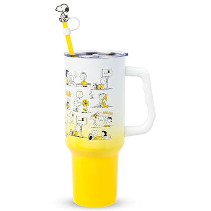Silver Buffalo Peanuts con Charlie Brown, Snoopy, Woodstock, Lucy, Sally, Linus y más vaso de acero inoxidable con mango y popote, se adapta a portavasos estándar, 40 onzas