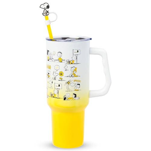 Silver Buffalo Peanuts con Charlie Brown, Snoopy, Woodstock, Lucy, Sally, Linus y más vaso de acero inoxidable con mango y popote, se adapta a portavasos estándar, 40 onzas