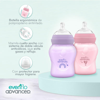 Evenflo Advanced Biberón Anticólicos Avanzado, Cuello Ancho, Rosa y Lila, Silicón Grado Alimenticio, 150ml, Sistema Doble Válvula, Flujo Lento, para Bebés 0-3 Meses, Paquete de 2 Piezas