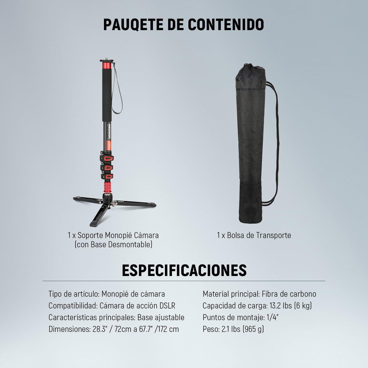 NEEWER 71,6" Monopié Cámara, Trípode Viaje Ligero Fibra Carbono con Base Desmontable para Grabación Video con Videocámara DSLR, Palo Selfie Telescópico y Trekking Bastón, Carga Máxima 6kg, TP71