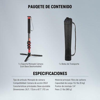 NEEWER 71,6" Monopié Cámara, Trípode Viaje Ligero Fibra Carbono con Base Desmontable para Grabación Video con Videocámara DSLR, Palo Selfie Telescópico y Trekking Bastón, Carga Máxima 6kg, TP71