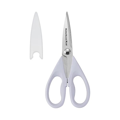 KitchenAid - Tijeras de cocina multiusos con funda protectora, tijeras duraderas de acero inoxidable, aptas para lavaplatos, mango cómodo de agarre suave, 8.72 pulgadas, color crema lavanda