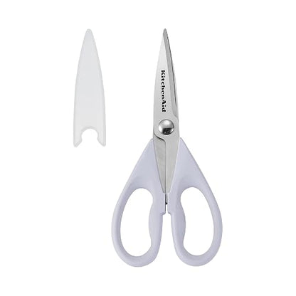 KitchenAid - Tijeras de cocina multiusos con funda protectora, tijeras duraderas de acero inoxidable, aptas para lavaplatos, mango cómodo de agarre suave, 8.72 pulgadas, color crema lavanda