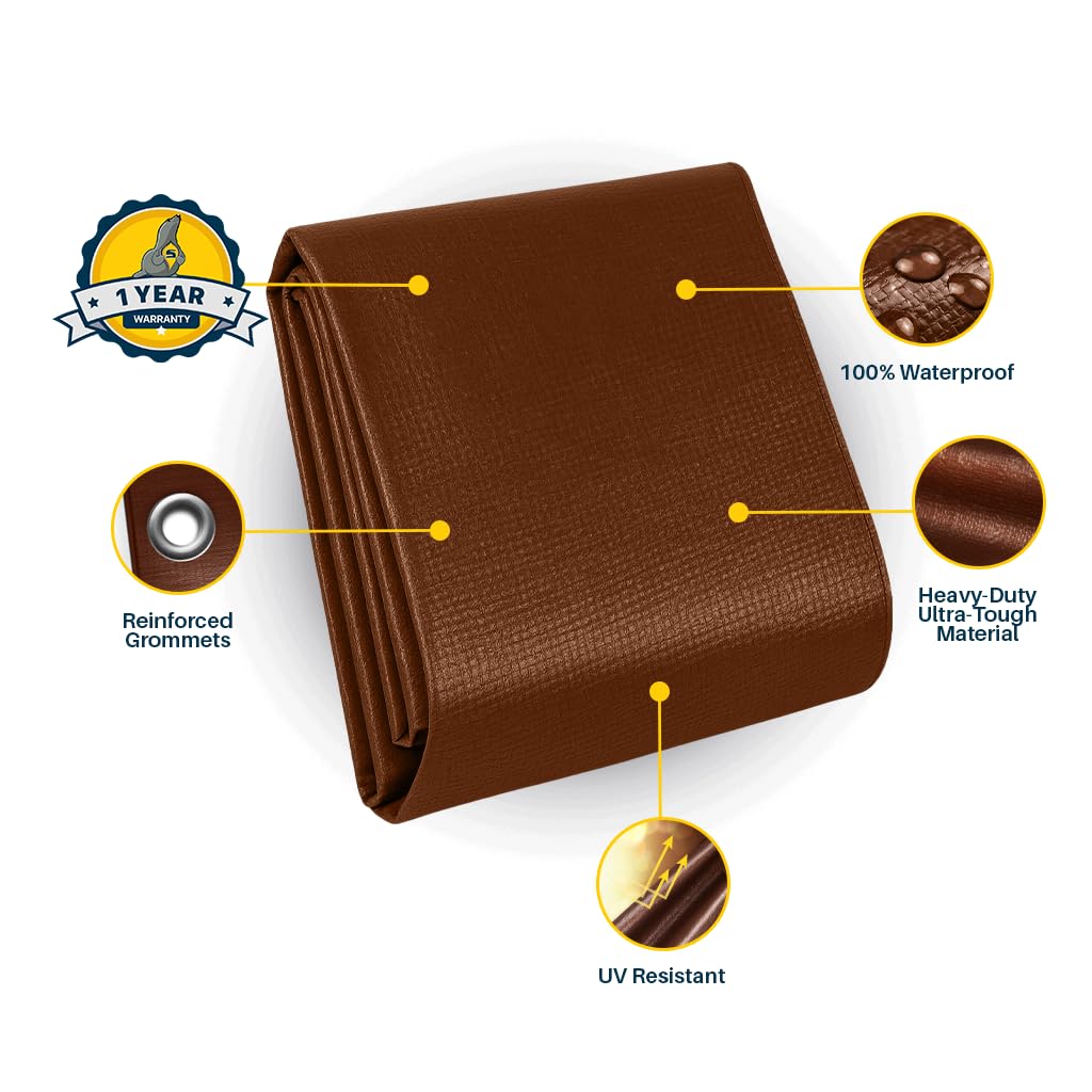 Seal Skin Covers Lona Impermeable Reforzada de 16x20 Pies, 12 Mil, 8 OZ, 120 gsm de Espesor, Color Marrón, con Ojales Antióxido, Cubierta Resistente a Desgarros con Bordes Reforzados para Camping