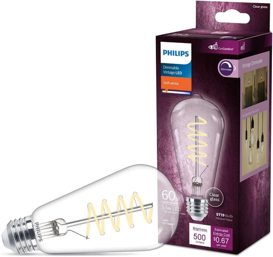 PHILIPS LED clásico sin parpadeo en espiral transparente ST19 regulable, tecnología EyeComfort, 500 lúmenes, blanco suave (2700 K), 5.5W = 60W, certificado por título 20, base E26, paquete de 1