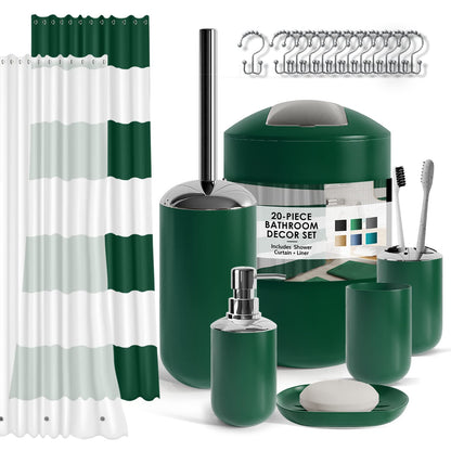 CLARA CLARK - Juego de Accesorios de baño, Juego de Cortina de Ducha, dispensador de jabón, Cepillo para Polvo de Inodoro y Bote de Basura (Verde Cazador, Juego Completo) - Complete Set - Verde Cazador