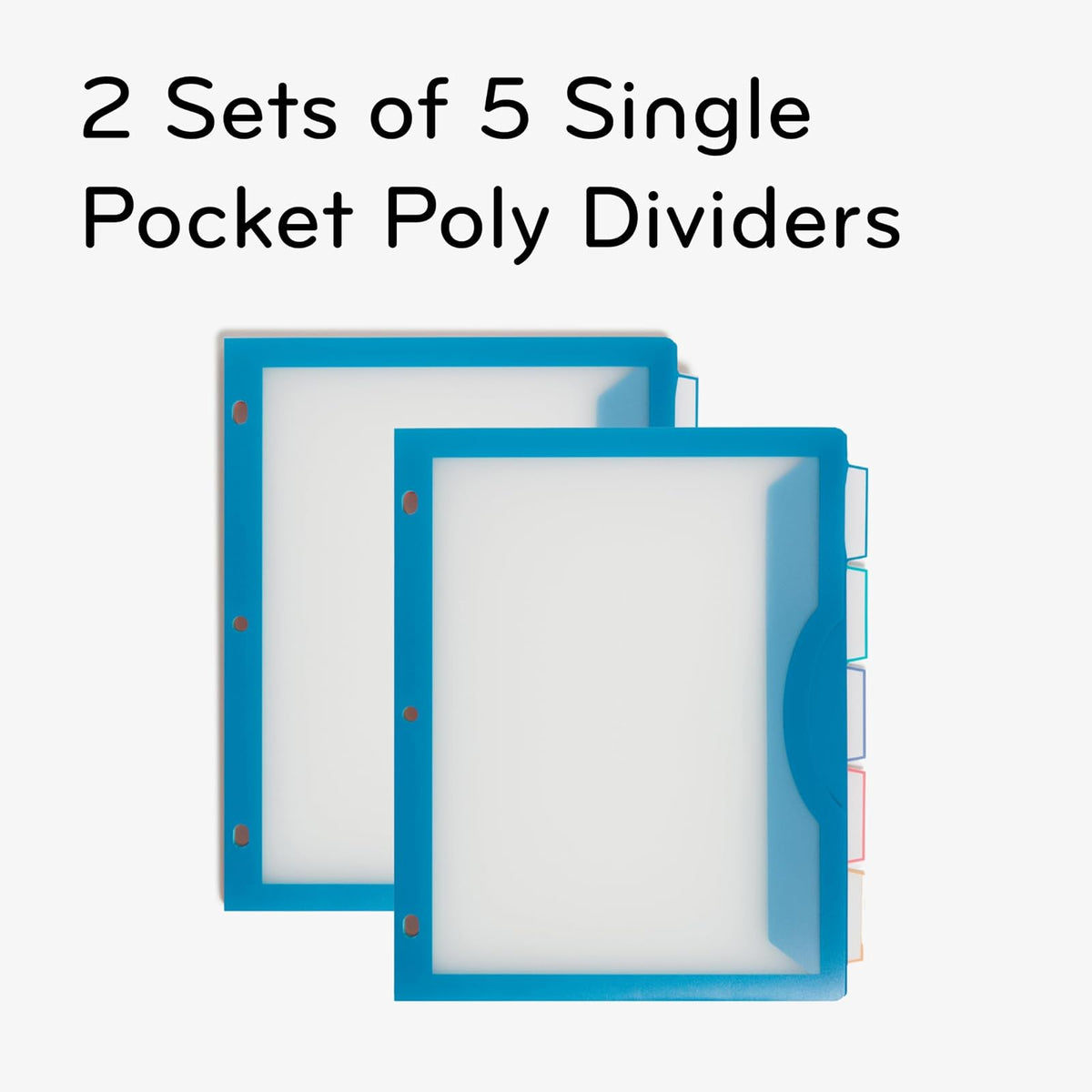 U Brands - Divisores de carpeta de tres anillos de polietileno de 5 pestañas con pestañas y bolsillos, vista clara, juego de 10, colores , divisores de bolsillo perforados de 3 agujeros