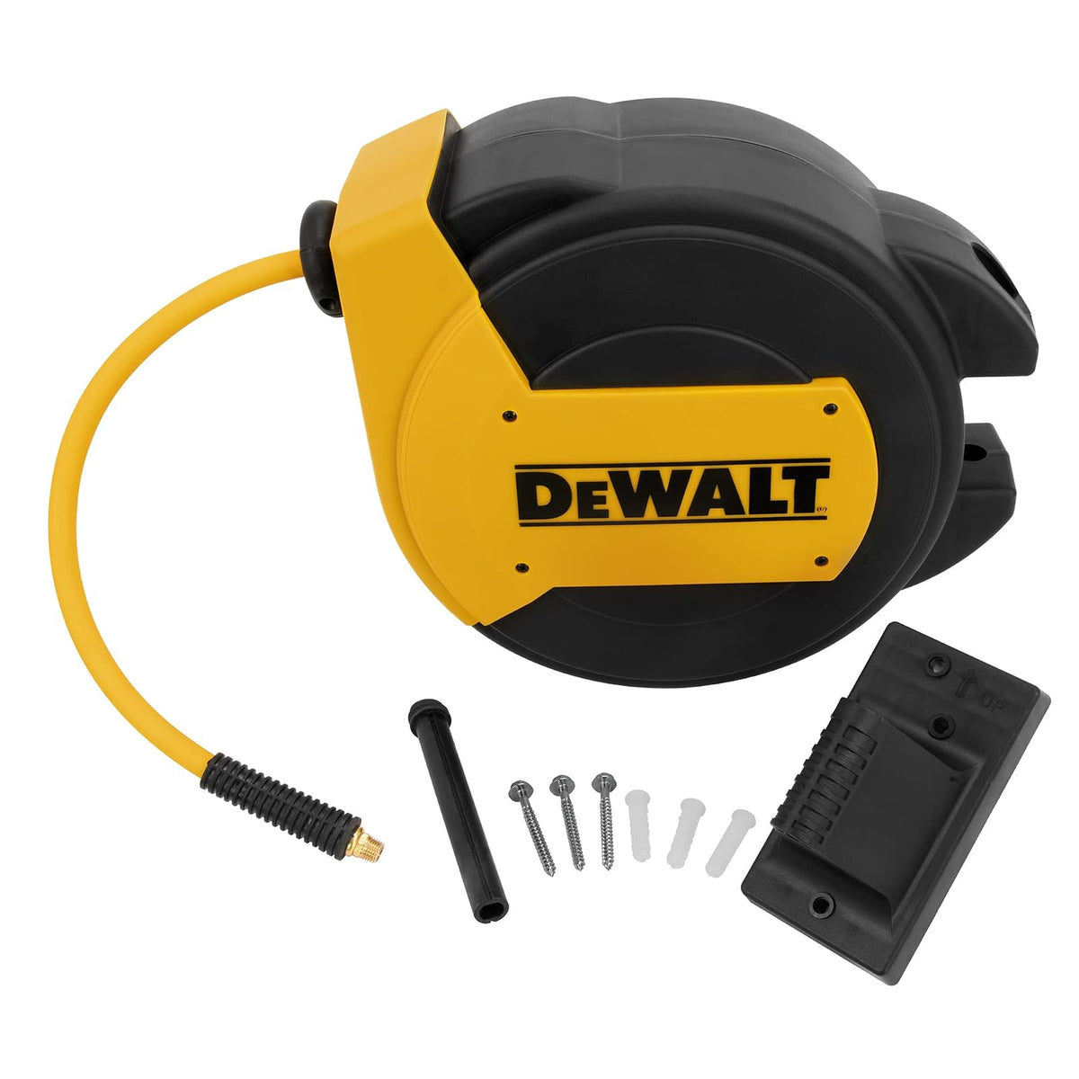 DEWALT 3/8" Carrete de manguera de aire cerrado de 50 pies, carrete de manguera de aire automático, retráctil de 300 PSI máximo, manguera de aire retráctil duradera para un uso eficiente en talleres y
